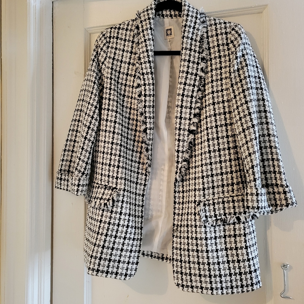ANNE KLEIN Houndstooth Jacquard Open Front Frayed Hem Blazer